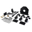 Lincoln Dress-Out Kit for Fanuc 120iD: welding brackets, metal plates, fasteners, zip ties, brass fittings on white background.