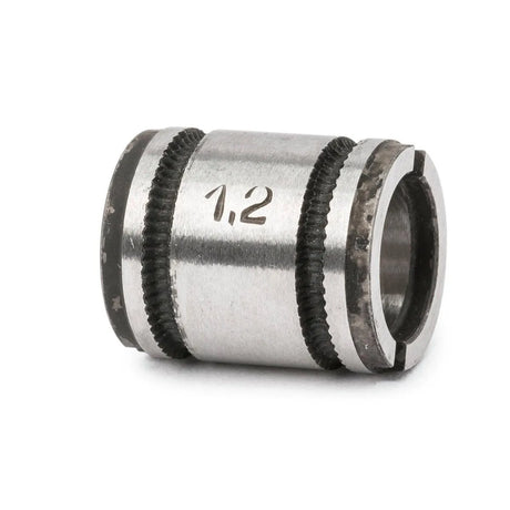 A Lincoln Drive Roll 1/16 in (1.6 mm) Knurled KP3547-116 features two grooved black rings, a central hole, 1.2 engraved on the side, and visible wear on its knurled surface against a plain white background.