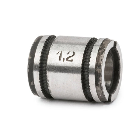 A close-up of the Lincoln Drive Roll 3/64 in Knurled KP3547-364, showing its cylindrical metal body, knurled black bands at each end, “1.2” engraving at the center, and hollow core, set against a white background.