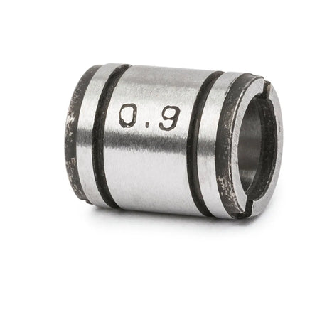 A cylindrical metal object with two black rings at each end, 0.9 engraved on its side, a lengthwise slit, and worn machined edges, resembling a Lincoln Drive Roll 3/64 in KP3546-364 for Magnum PRO AL Push Pull Guns.