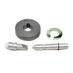 A set of five metal components from the Lincoln Drive Roll Kit .030 in (0.8 mm) Solid Wire KP653-030S is displayed on a white background, including a disc, curved washer, grooved pin with O-ring, plastic-tipped part, and tapered piece.