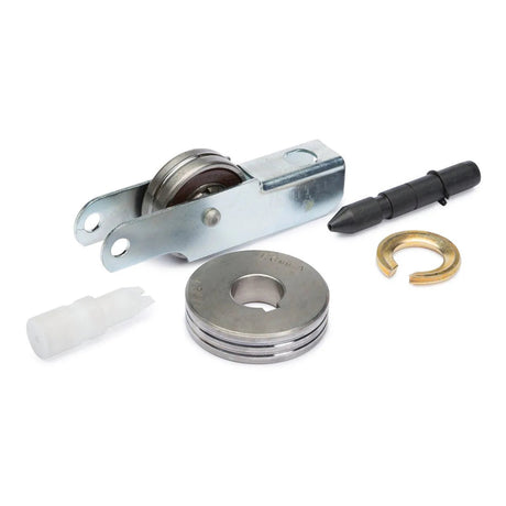 This metal tensioner assembly kit includes a main bracket with bearing, black plastic pin, split washer, thick round spacer, and white plastic piece—ideal for use with the Lincoln Drive Roll Kit 3/64 in (1.2 mm) Aluminum Wire KP654-3/64A.