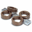 Four round brown coil spacers are shown with two silver rectangular metal blocks, each with drilled holes set diagonally beneath the spacers. This is the Lincoln Drive Roll Kit 7/64 in (2.8 mm) Cored Wire KP1505-7/64.