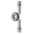A vertical metal gear with straight teeth sits between two cylindrical shafts, aligning at the center, resembling parts from the Lincoln Drive Roll/Guide Tube Kit 1/16in–3/32in Solid Wire KP1899-2, designed to fit together efficiently.