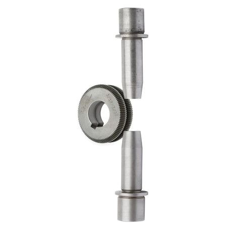 A vertical metal gear with straight teeth sits between two cylindrical shafts, aligning at the center, resembling parts from the Lincoln Drive Roll/Guide Tube Kit 1/16in–3/32in Solid Wire KP1899-2, designed to fit together efficiently.