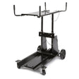 The Lincoln Dual Cylinder Inverter & Wire Feeder Cart K3059-5 is a black metal engine stand with front swivel casters, large rear wheels, vertical supports, adjustable mounting arms, and chains—ideal for inverter or wire feeder setups.