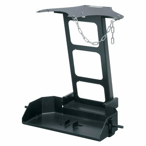 The Lincoln Dual Cylinder Mounting Kit K1702-1 is a black metal wall-mount bracket with a rectangular base, raised back support with three cutouts, angled side panels, a top safety chain, and securing bolts on each side for gas cylinders.