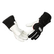 The Lincoln DynaMIG HD Professional MIG Welding Gloves L K3806-L feature white cowhide leather palms and fingers, black backs and cuffs, reinforced stitching, and a logo patch on the back of the right glove. One glove is shown palm up, one palm down.