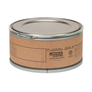 A large, round metal drum with a sealed lid and brown paper label featuring the Lincoln Electric logo and Lincoln ED011163 Lincore M Flux-Cored FCAW-S Welding Wire, 7/64 in, 125 lb Speed Feed Drum in black text sits on a plain white background.