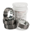 A white plastic bucket sits behind five dark metal coils of Lincoln ED011277 Lincore 55 Flux-Cored FCAW-S Welding Wire, 5/64 in, 4 x 14 lb coils. The highly wear resistant wire is arranged closely on a white background.