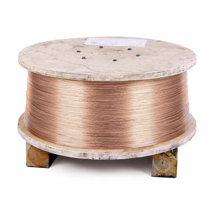 A large wooden spool holds several layers of coiled Lincolnweld L-61 SAW welding wire, resting on two wooden blocks. A paper label is attached to the top of the spool.
