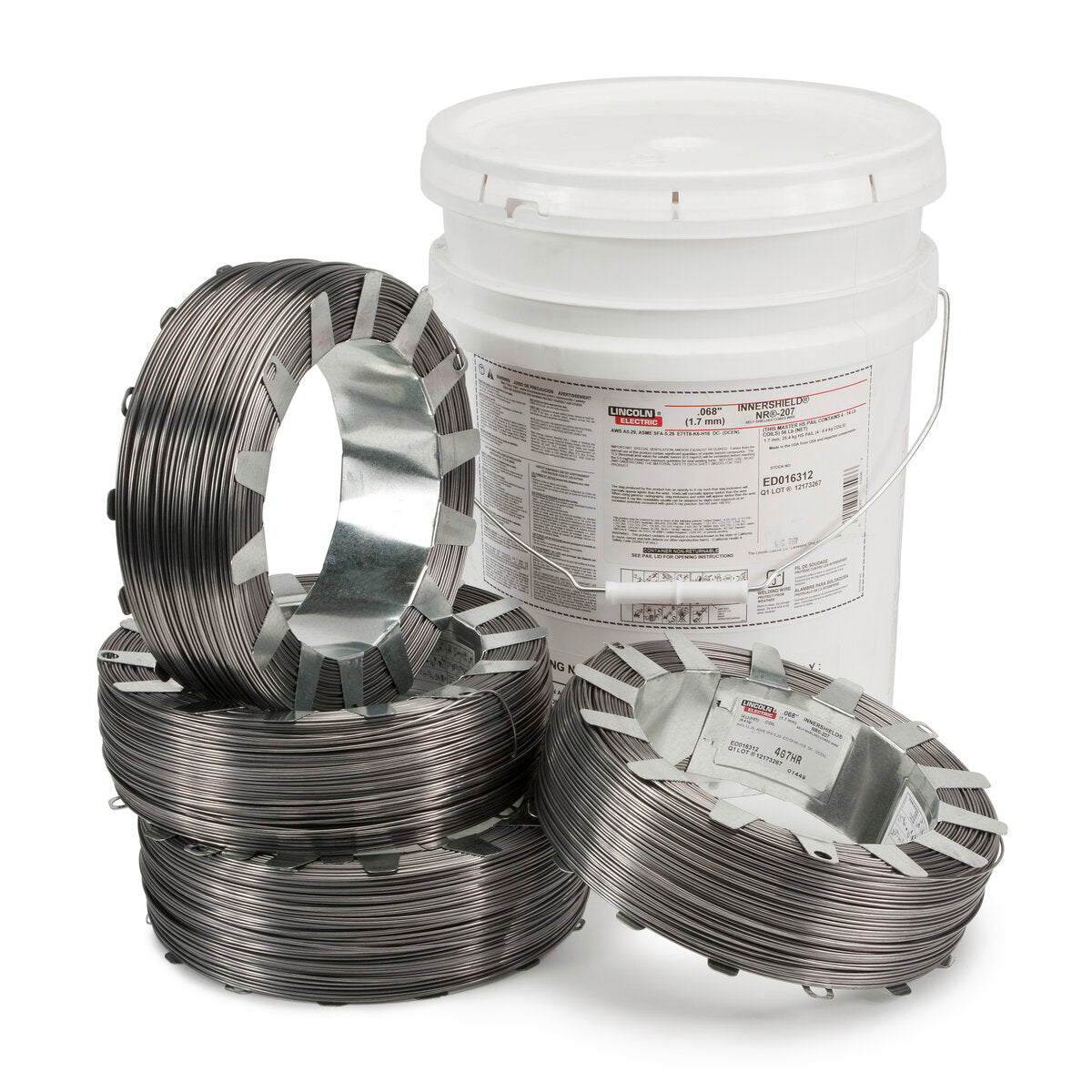 Lincoln ED012438 Innershield NR-207 Flux-Cored FCAW-S Welding Wire, 5/64 in, (4) 14 lb Coil - WeldingMart.com