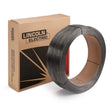 A 50 lb coil of Lincoln ED018590 Lincore 410NiMo, 1/8 SAW welding wire stands upright beside a brown Lincoln Electric box with bold black lettering and red graphics against a plain white background.