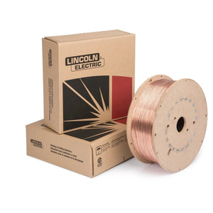 A 44 lb fiber spool of Lincoln ED021278 SuperArc L-56 MIG mild steel welding wire, 0.052 in, stands upright next to two stacked boxes with the black and red Lincoln Electric logo, all set against a white background.