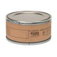 A large, round, metal canister with a silver lid and a brown paper label around the side, featuring the Lincoln Electric logo and Lincore 15CrMn flux-cored welding wire product information printed in black.