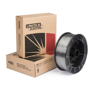 A 25 lb spool of Lincoln ED022659 Outershield 71M Flux-Cored FCAW-G Welding Wire (0.045 in) is displayed before two boldly branded Lincoln Electric boxes, their black and red graphics standing out against a crisp white background.