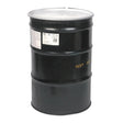 A large, black industrial metal barrel with a silver lid and labels on the side, standing upright on a white background. The barrel has “KEEP OUT” written in yellow letters and contains SAW flux used for submerged arc welding.