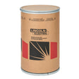 A large brown cylindrical drum labeled Lincoln Electric and featuring metal rims holds 1000 lb of SuperArc L-56 MIG GMAW Mild Steel Welding Wire, 0.045 in (Lincoln ED028828), with product and safety info printed on the surface.