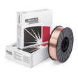 A spool of SuperArc L-56 MIG welding wire is placed in front of two white Lincoln Electric boxes, featuring black and red graphics, on a white background. The wire is compatible with Lincoln ED029042 for quality welding results.