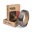 A 50 lb coil of Lincoln ED030236 Outershield XLH70 Flux-Cored Welding Wire (3/32 in) stands upright before two stacked brown Lincoln Electric boxes, its metallic wire tightly wound for industrial structural fabrication use.