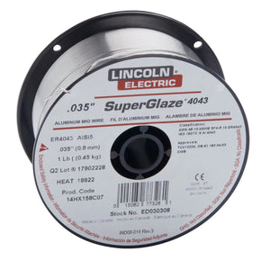 A spool of Lincoln Electric SuperGlaze 5356 MIG aluminum welding wire, 0.035-inch (0.9 mm) diameter and 1 lb (0.45 kg) weight, labeled with product and safety information for reliable aluminum-magnesium alloy welding.
