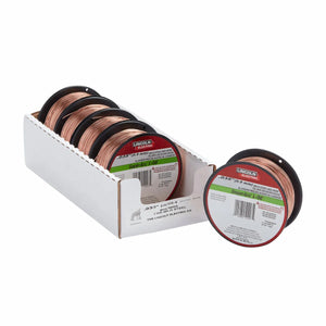 Six spools of Lincoln Electric SuperArc L-56 copper coated MIG welding wire are arranged in a white cardboard box, with one spool partially pulled out and standing upright in front of the box.