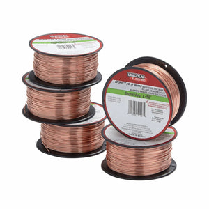 Five spools of copper-coated MIG welding wire are stacked and arranged on a white background. The labels read “Lincoln Electric SuperArc L-56” and display specifications for the wire.