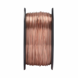 A spool of SuperArc L-56 copper coated MIG welding wire neatly wound around a black plastic reel, shown from the side against a white background.