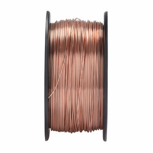 A spool of SuperArc L-56 copper coated MIG welding wire is neatly wound around a black plastic reel, shown against a white background.