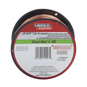 A spool of copper coated Lincoln Electric SuperArc L-56 MIG welding wire, 0.035 (0.9 mm) thick, 2 lb (0.91 kg) net weight, with a red and green label detailing product specifications.