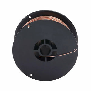 A spool of SuperArc L-56 copper coated MIG welding wire with a black plastic reel, shown against a white background. The copper wire is neatly wound around the reel.