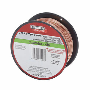 A spool of SuperArc L-56 MIG welding wire, 0.035 inch (0.9 mm) diameter, copper coated for smooth feed, with a product label displaying specifications in English and Spanish.