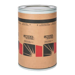 A large cylindrical container with metal rims and Lincoln Electric branding stores Lincoln ED032046 UltraCore 71A75 Dual FCAW-G Welding Wire, 1/16, 500 lb Accu-Trak Drum; lid closed, usage instructions near the top.