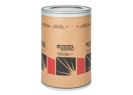 A large cylindrical container with a brown paper label featuring the Lincoln Electric logo and an abstract black and red design. The container stores Lincolnweld LA-93 low alloy solid electrode used for submerged arc welding wire applications.