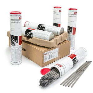 Lincoln ED032628 Pipeliner LH D80 Stick Welding Rods in 3-10 lb cans, with rods showing metallic core and gray coating. WeldingMart.