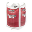 A large white bulk bag labeled “Lincoln ED032768 Lincolnweld 761-Pipe Submerged Arc SAW Flux, 2600 lb Bulk Bag” features red panels, sturdy white lifting loops, and is partially open to show the flux inside.