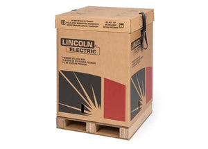 A large Lincoln Electric box sits on a pallet, labeled ED032851 SuperArc L-56 MIG GMAW Mild Steel Welding Wire, 1/16 in, 1000 lb Accu-Pak Box, with bold text and a black strap for premium industrial use.