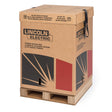 A large cardboard box labeled Lincoln Electric SuperArc sits on a wooden pallet. The box features black and red graphics and is marked as containing premium 0.045” diameter MIG welding wire, with sturdy black handles attached to the sides.