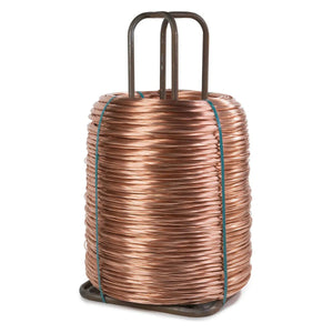A large coil of shiny Lincolnweld L-56 SAW Welding Wire is neatly wound around a metal frame, secured with blue ties, and resting on a flat metal base.