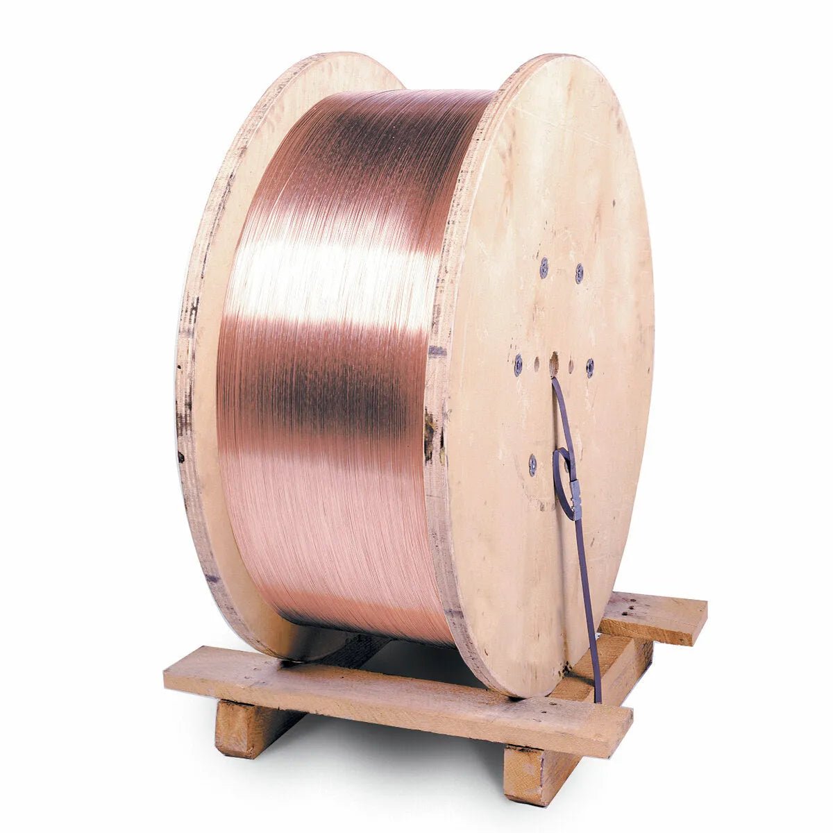 A large wooden spool wound with Lincolnweld L-61 welding wire, resting on a wooden pallet, set against a plain white background.
