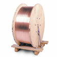 A large wooden spool wound with Lincolnweld L-61 SAW welding wire sits on a wooden pallet, ready for transport or installation.