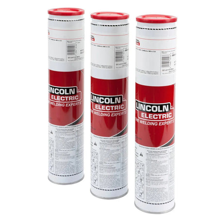 Lincoln ED033107 Excalibur 316 316L Welding Rod 3/16X14, three cans with red and white labels, upright on white background.
