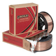 A 33 lb spool of Lincoln ED033119 Pipeliner 80Ni1 MIG GMAW Welding Wire (0.040 in) sits next to an open red and brown Lincoln Electric box, with another spool wrapped in branded paper—ideal for narrow groove welding.