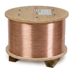 A large wooden spool holds Lincoln ED033271 SuperArc L-56 MIG GMAW Mild Steel Welding Wire, 0.035 in, 1000 lb Precise-Trak Reel. The spool sits on sturdy wooden supports with visible labels against a plain white background.