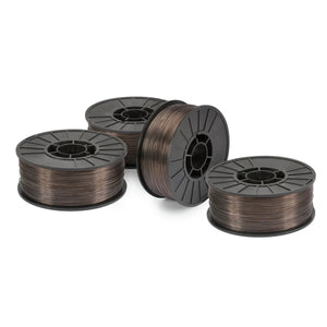 Four black plastic spools of Lincoln ED033756 UltraCore HD-C Flux-Cored FCAW-G Welding Wire (0.045 in, 15 lb each) are arranged on a white background—three lying flat and one standing to show the tightly wound wire and central hole.