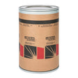 A large cylindrical cardboard drum with metal rims, labeled Lincoln Electric in black text and red and black geometric designs. The container is used for storing metal-cored welding wire or other industrial materials.