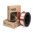 A spool of SuperArc L-59 MIG welding wire is placed in front of two cardboard Lincoln Electric boxes with black and red design elements on a white background.