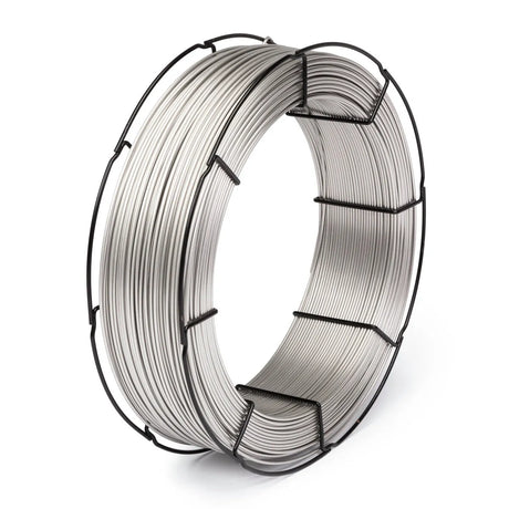A 55 lb spool of Lincoln ED035165 Lincolnweld 308/308L Submerged Arc SAW Welding Wire, 5/32 in, is neatly wound in a circular shape on a black metal frame, showing its shiny, metallic finish against a white background.