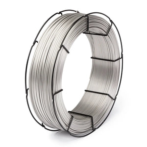The Lincoln ED035181 Lincolnweld 317/317L Submerged Arc SAW Welding Wire, 3/32 in, comes on a 55 lb metal spool held by a black frame. The smooth, shiny wire offers excellent corrosion resistance and is shown against a white background.