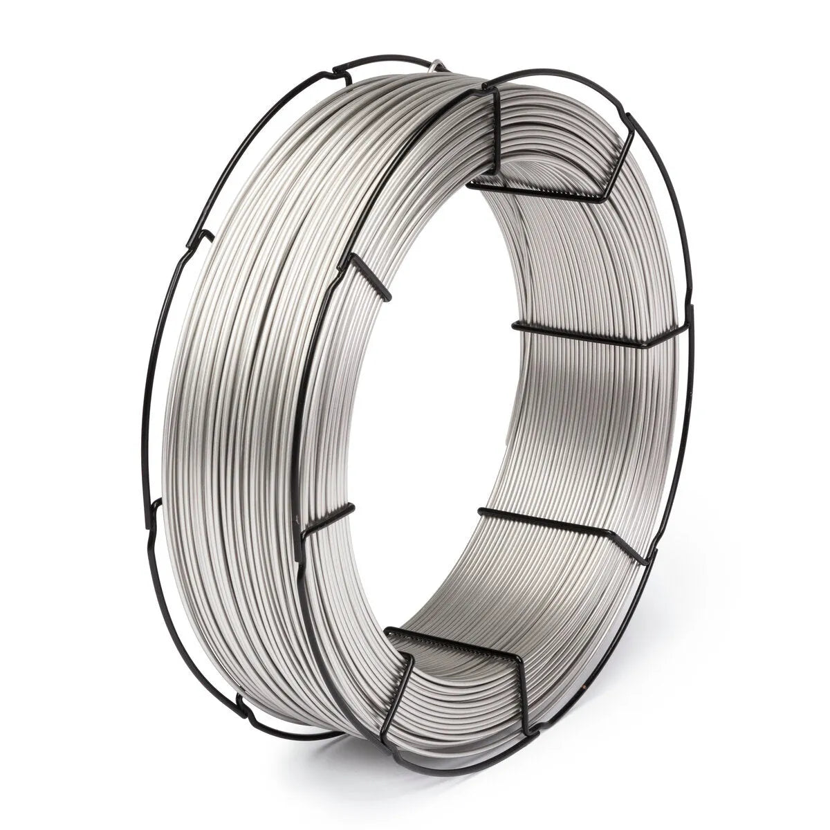 A 55 lb spool of Lincoln ED035185 Lincolnweld 347 Submerged Arc SAW Welding Wire, 3/32 in, is neatly coiled within black metal supports, its smooth reflective surface contrasting against a plain white background.